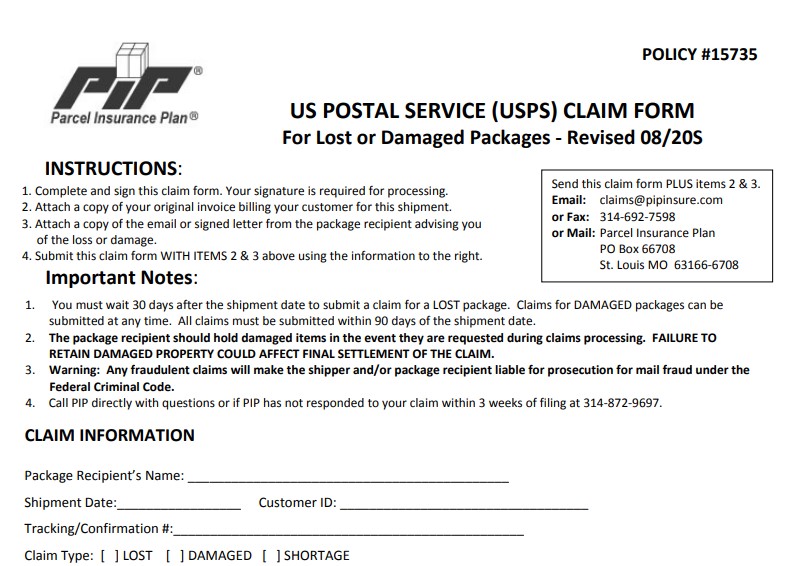 usps lost package claim form